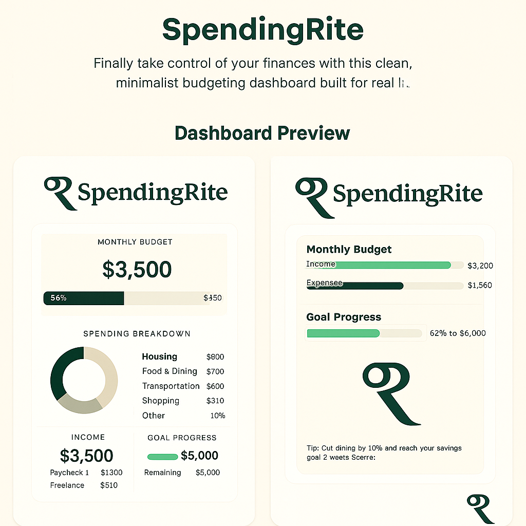 SpendingRite – Spending breakdown, monthly budget bars, and goal progress